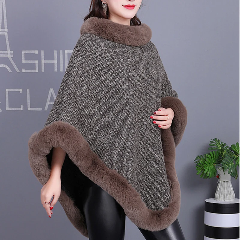 2021 Faux Fur Rex Rabbit Fur Scarf Women\'s Knitted Shawl Women\'s All-match Loose Poncho