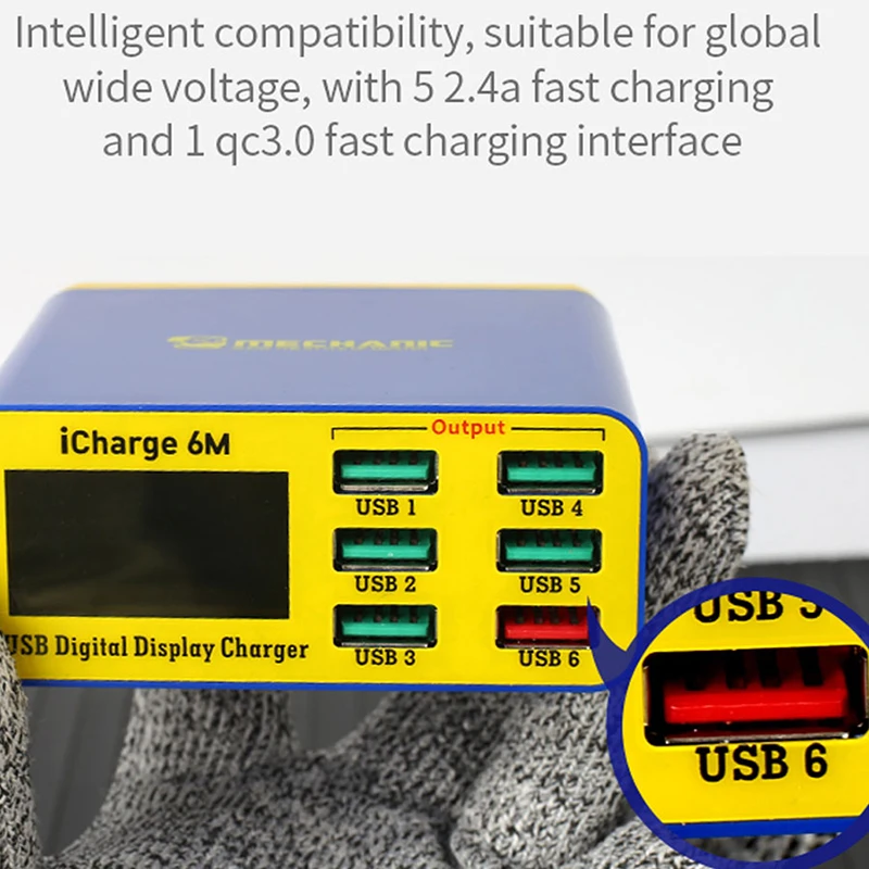 Imagem -06 - Mecânico Icharge 6m qc 3.0 Usb Carga Inteligente Suporte de Carregamento Rápido com Display Digital Lcd Multi-port Carregador para Tablet Telefone