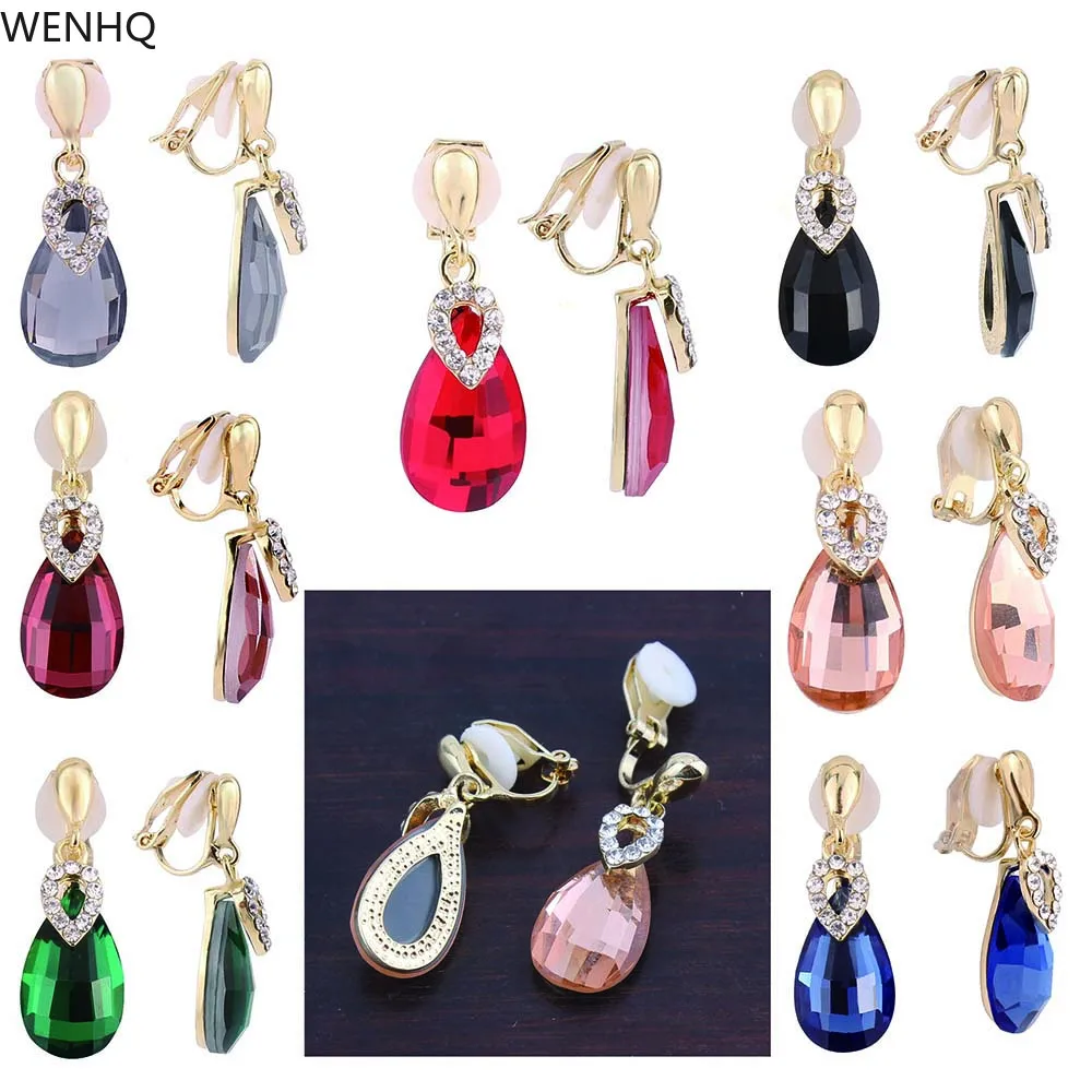 WENHQ New Rhinestone Crystal Tear Drop Shape Clip on Earrings No Pierced Fashion Luxury Gold Color Bridal Wedding Earrings Gift