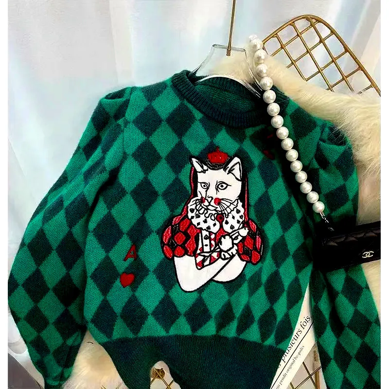 Women Sweater Long Puff Sleeve Arglye Green Pullovers Sweater Knitted Cool Cat Embroidery Femininas Jumpers Sweaters NS532