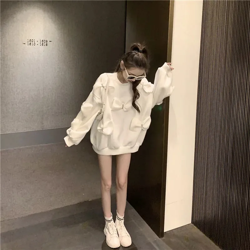 Three-dimensional Bow Knot Sweatshirt Kawaii Clothes Casual Solid Loose Long Sleeve Pullover Korean Fashion O-neck Oversized Top