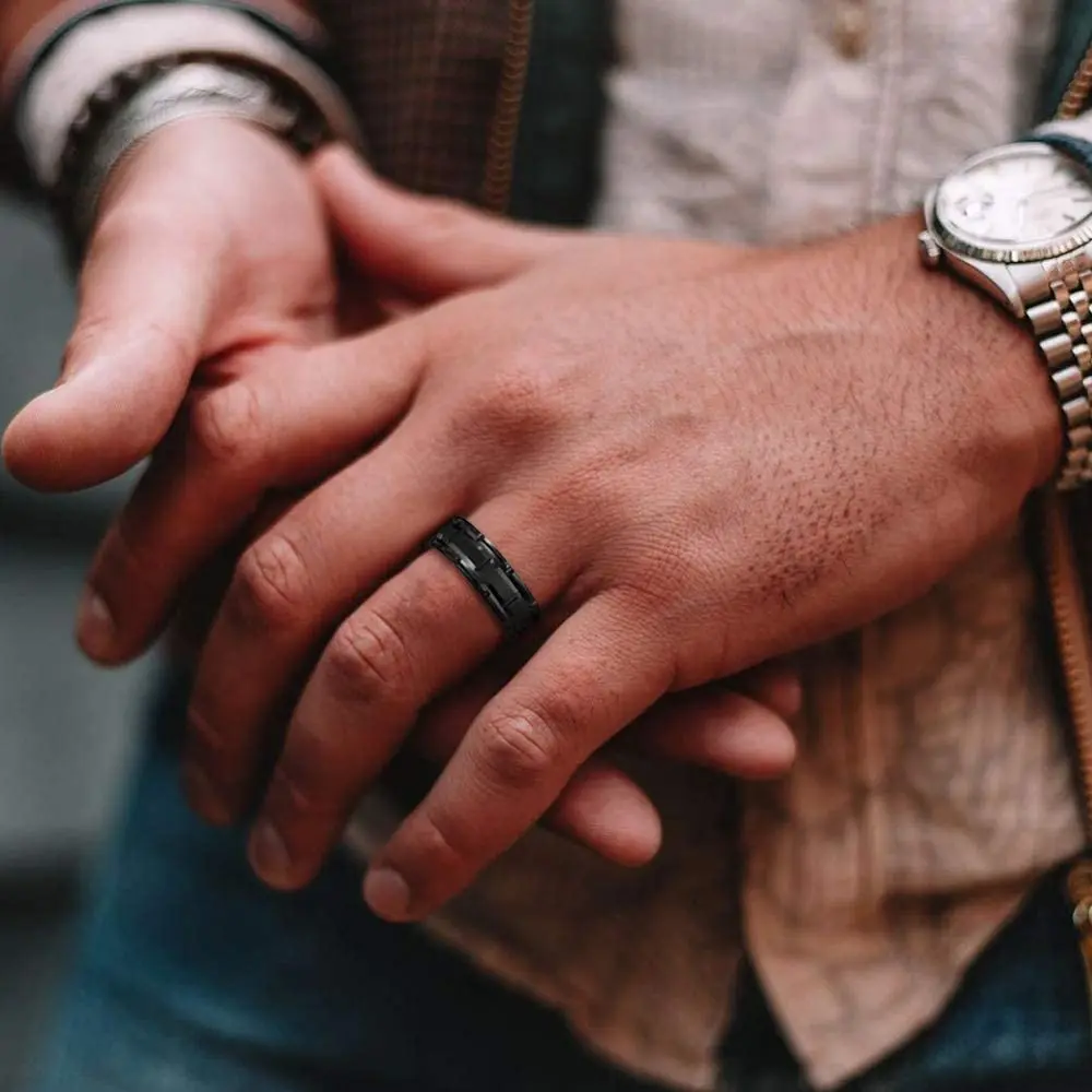 Mode Mannen 8Mm Goud Kleur Groove Afgeschuinde Rand Tungsten Wedding Carbon Fiber Ring Punk Gear Wheel Rvs ring Voor Mannen