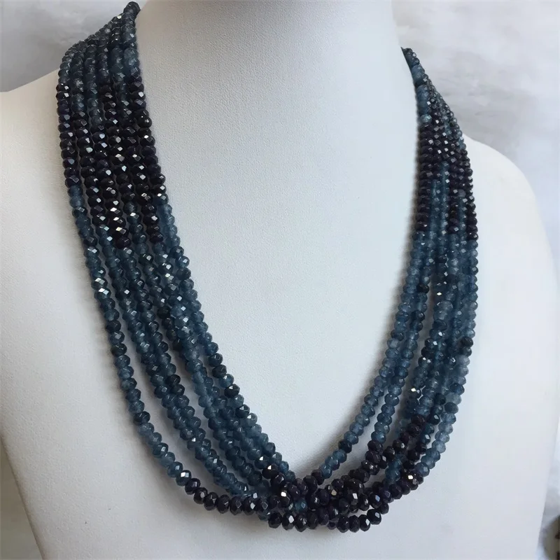 Double Blue Sapphire Chain Necklace for Women Natural Faceted Jade Stone Beads Choker Collares 3*4mm Abacus Gift Jewelry