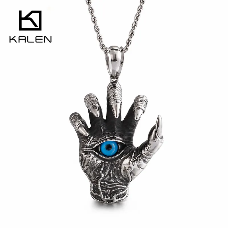 Kalen Giant Ghost Claw Pendant Necklace For Men Choker Stainless Steel Skull Hand Gothic Jewelry Halloween Accessories Gift