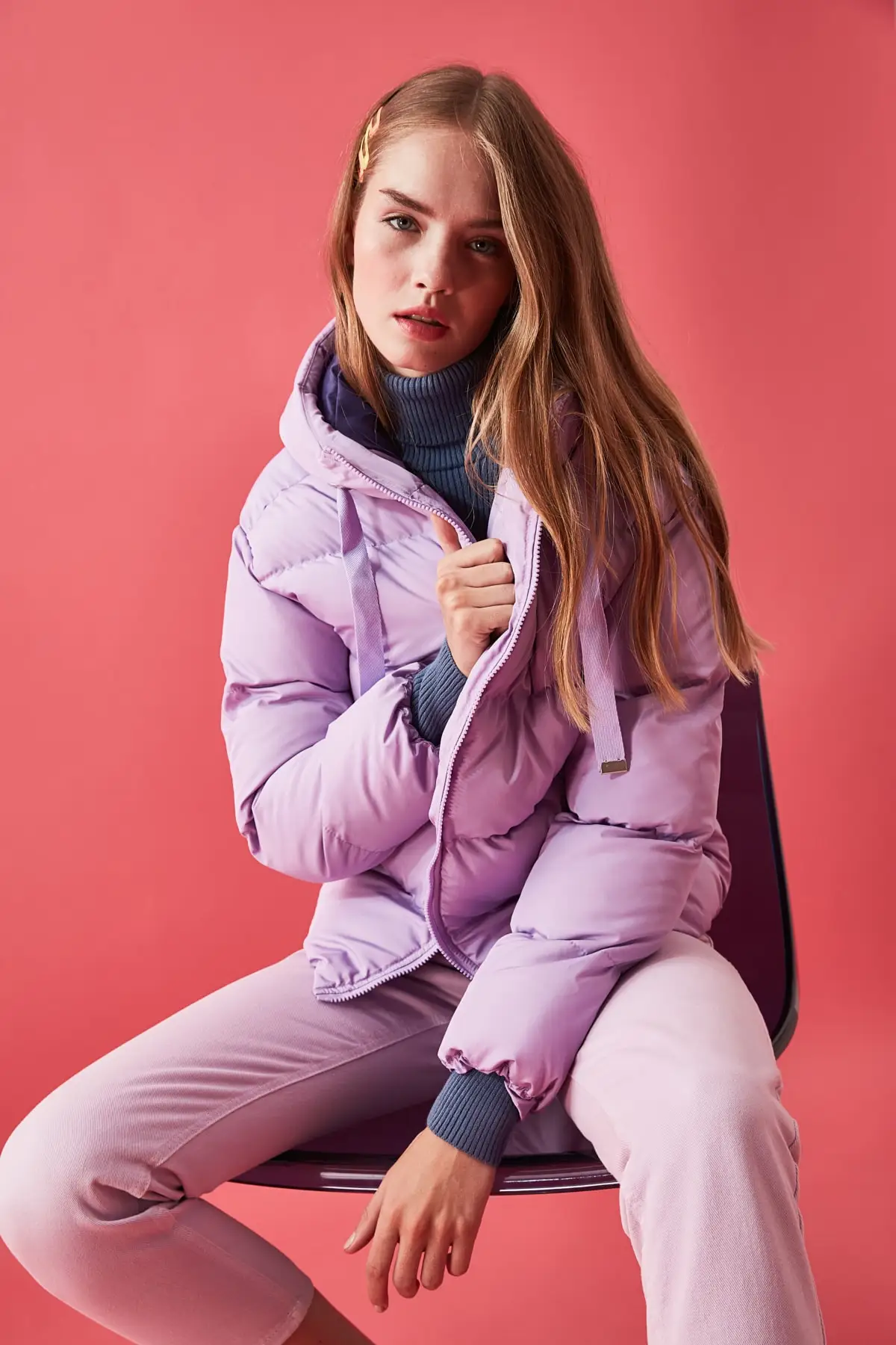 Women Lilac Hooded Inflatable Coat TWOAW21MO0022 Model Dimensions Length 1.77 Bust: 82, Waist: 59, Hip: 88