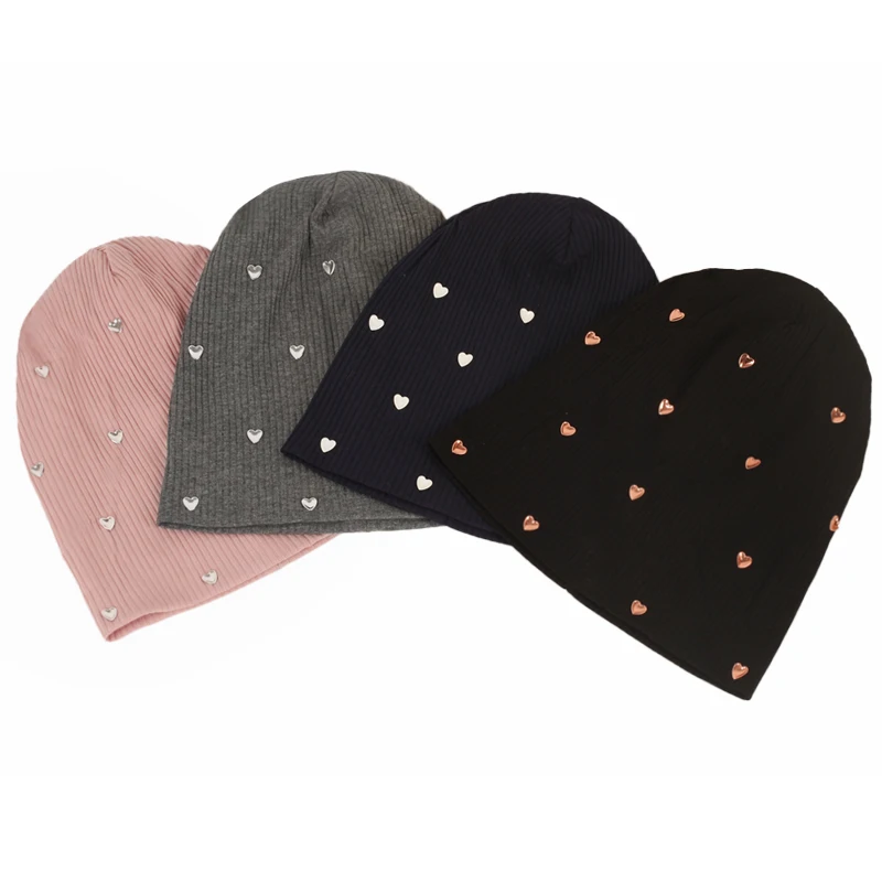 Geebro Multicolor Metal Hearts Ribbed Beanie For Women knitted Cotton skullies Hat Casual Soft Design Bonnets hat Ladies Slouchy