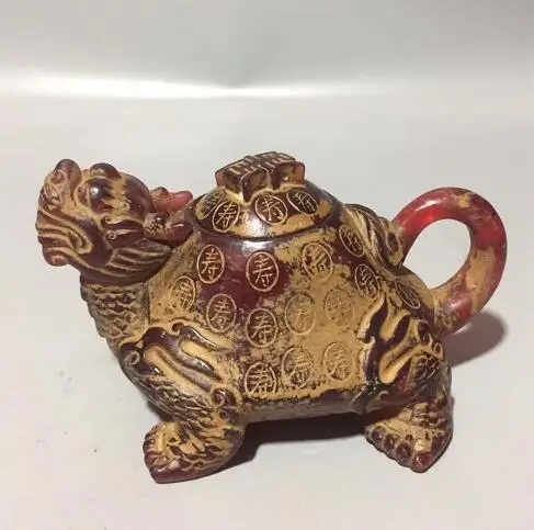 Chinese Handmade Amber Dragon Turtle Tortoise Teapot  Health Auspicious Kettle Wine Pot Geomantic Decoration Animal Statue