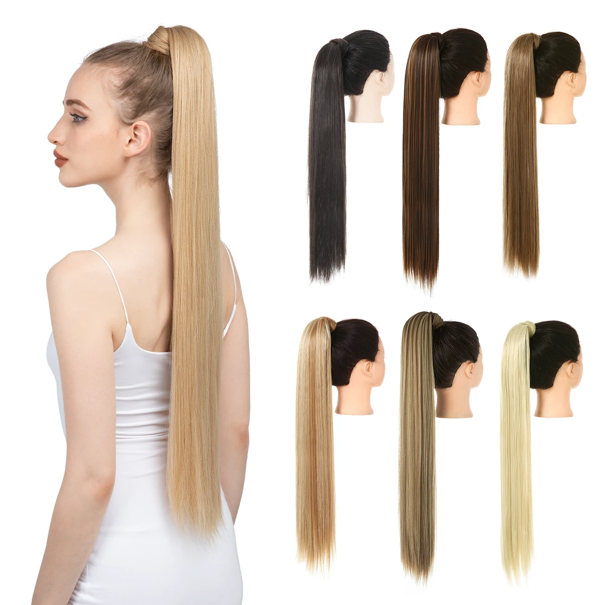 Synthetic Long Straight Ponytail Hair Extension 32 inch Clip in Fake Wig Hairpiece Blonde Wrap Around Pigtail Smooth Pony Tail