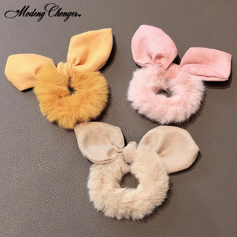 

Cute Faux Fur Rabbit Ears Hair Rope Hair Ties Solid Color Hair Scrunchies Women Hairband Ponytail Holder Girls Hair Accessories