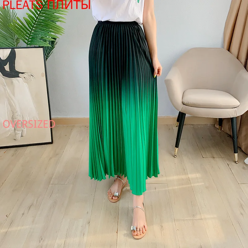 

Miyake Skirt Women's Spring and Autumn New Style High Waist Large Swing Skirt Gradient Color Thinner Pleated PLEATS Long Skirts