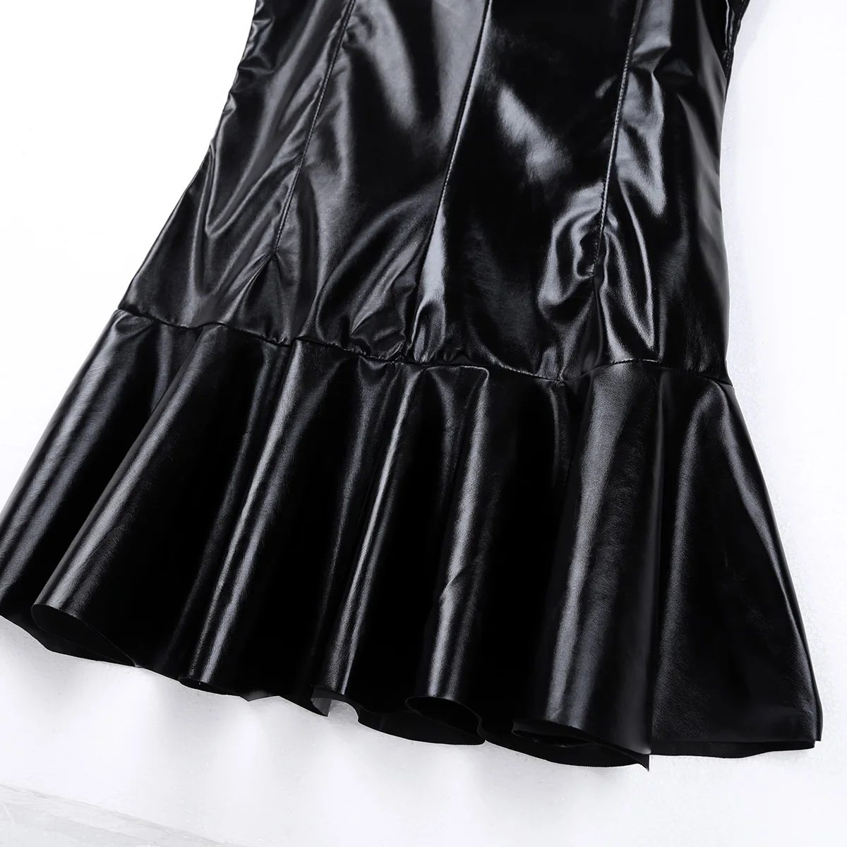 Sexy PU Leather Dress Fashion Black Sexy Dress Erotic Wetlook Leather Sleeveless Bottom Flare Mini Dress Clubwear Party Babydoll