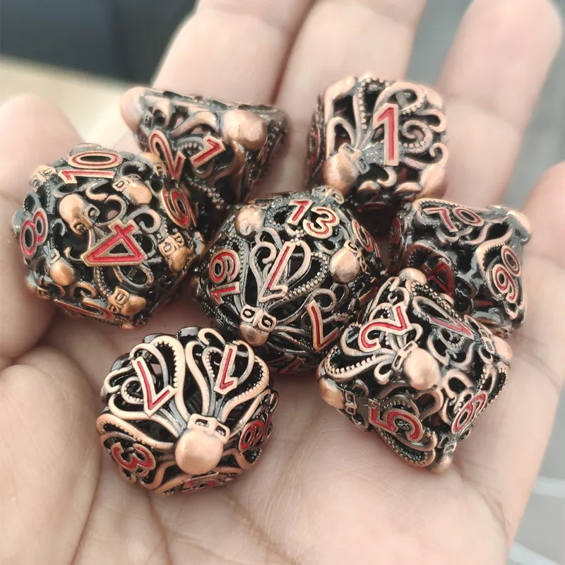 Mini Planet 7pcs Pure Copper Metal Dice Set DND, Cthulhu Dice Used for D&D Role Playing Games Hollow Octopus DND Dice Sets