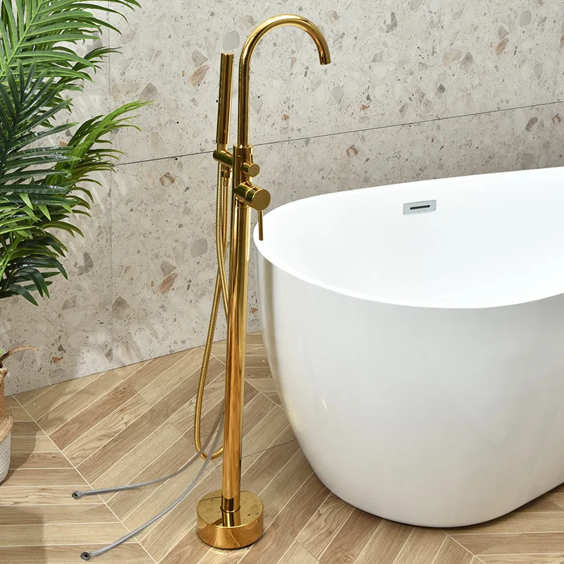 Gold Solid Brass Bathroom Bathtub Shower Faucet Set Rotating Hot & Cold Mixer Tap With Handheld Floor Standing Type Black/Chrome