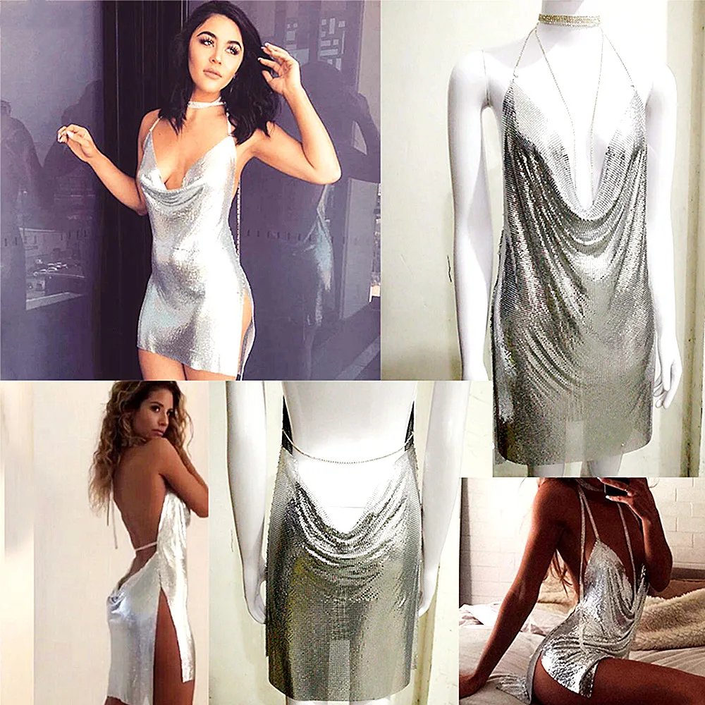 Imagem -05 - Elegante Fundo v Backles Feminino Sexy Club Party Dress Skew Jenner Diamond Halter Spaghetti Silver Metal Mesh