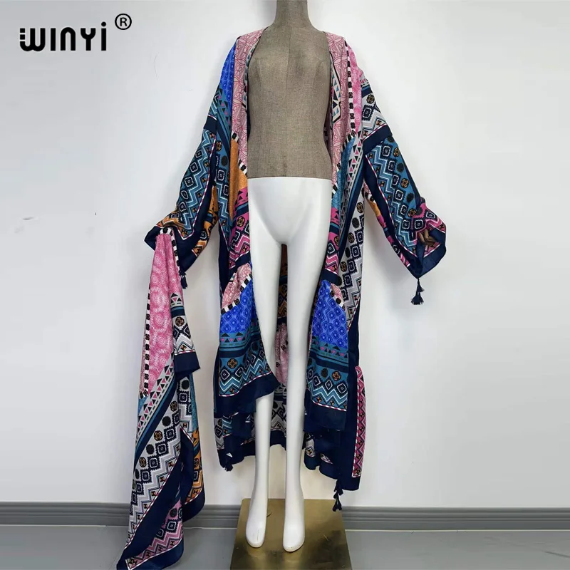 Europa WINYI donna kimono moda Vintage Totem floreale caftano stampa vita sigillo camicia Midi abito manica lunga abiti Casual