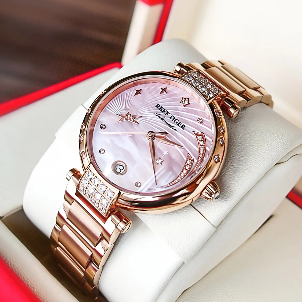 Reef Tiger/RT Brand Luxury Rose Gold Women Watch Diamond Polaris Dial Automatic Bracelet Watches New Love Galaxy RGA1592