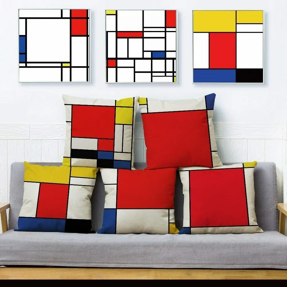 Mondrian Yellow Geometric Stitching Throw Pillow Cushion Covers Pillows Cases