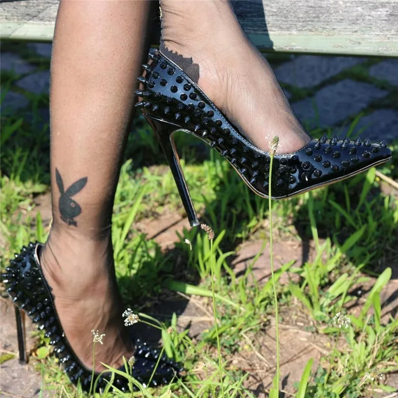 Onlymaker Women  Pointed Toe 12CM Rivets Pumps Studded Spike Rivets Black Red High Slip On  Fashion Heels