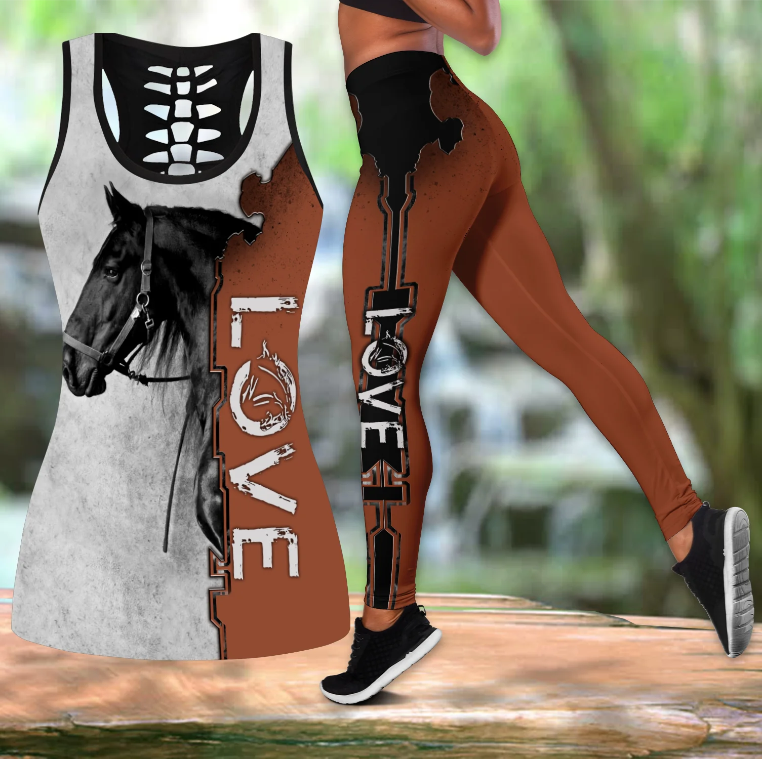 Beautiful Love Horse 3D All Over Printed Hollow Tank Top & Leggings Set Fitness Female Full Length Leggings Running Pants DDK69