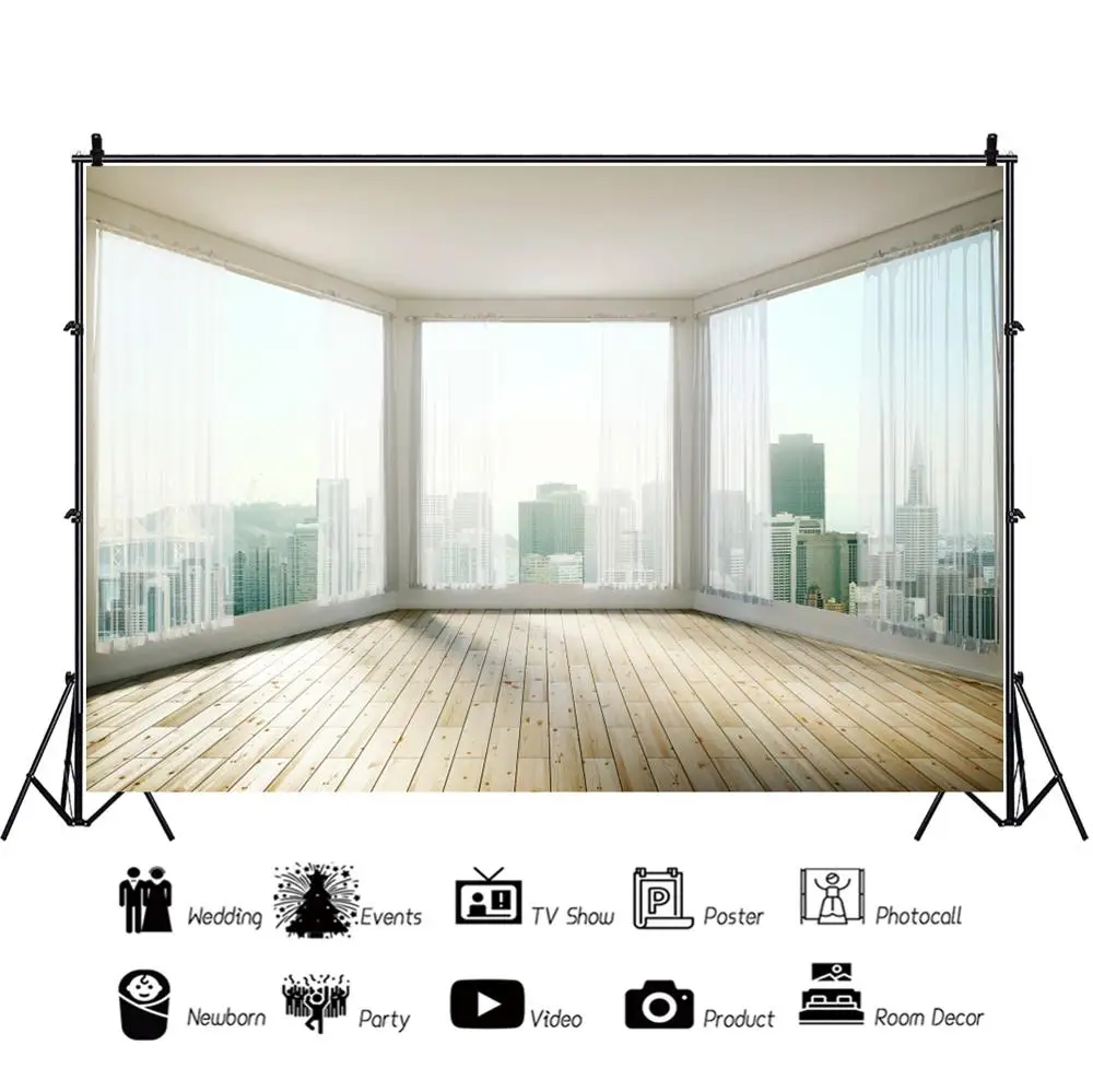 Laeacco Interior Scene French Window Wooden Floor City View Background Portrait Decor Vinyl Photography Backdrop Photo Studio