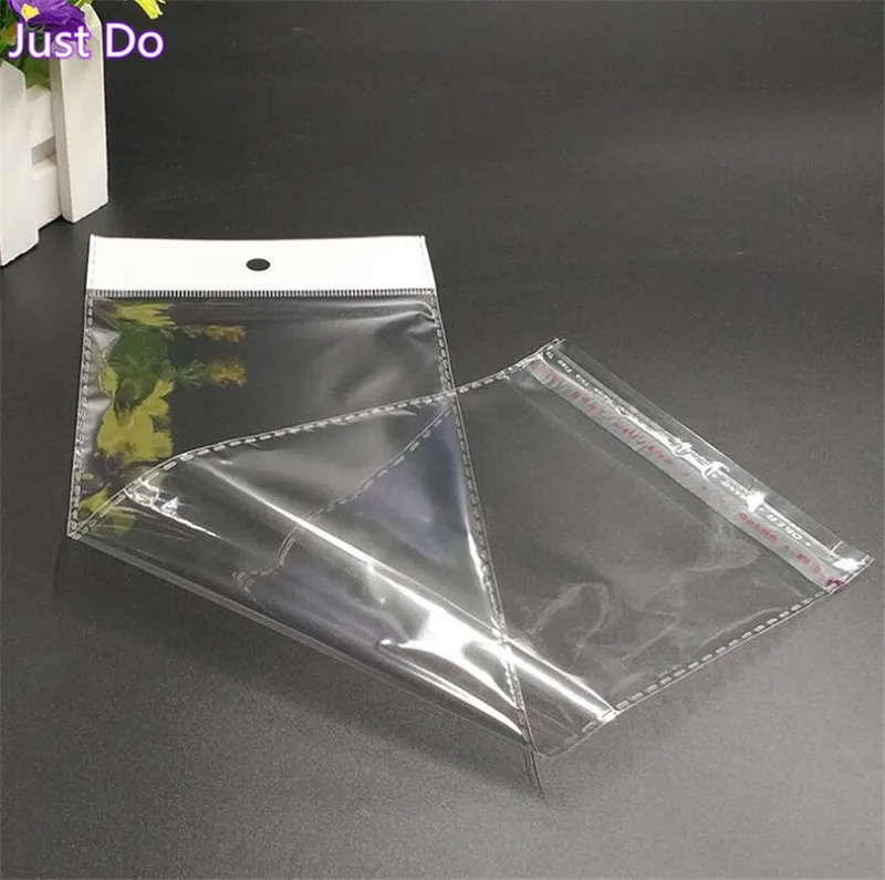 100pcs long clear plastic self adhesive bag for hair packaging self seal OPP bag with hanger