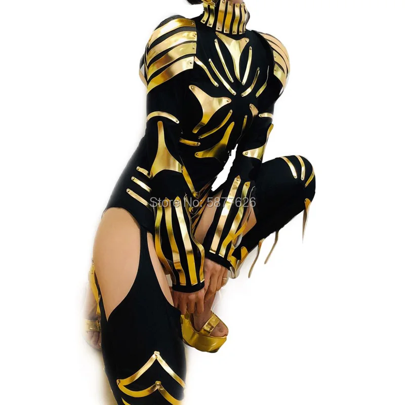 Singer stage sexy Golden mirror leather armor stage dance jumpsuit female warrior costume cosplay futuristic technology costumes