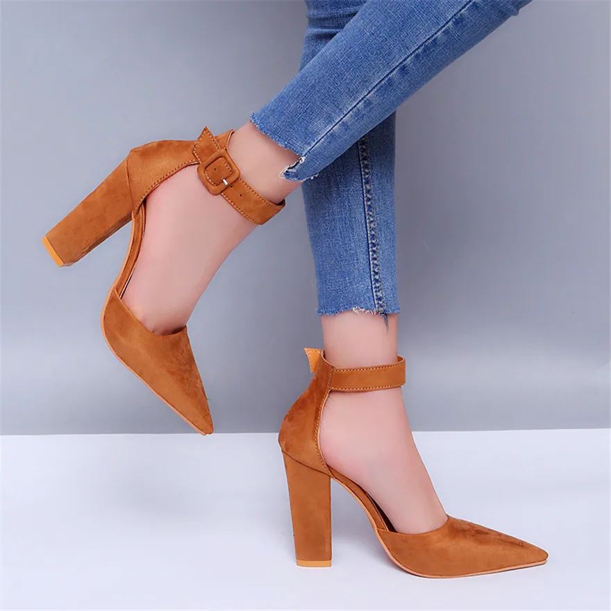 Ankle Belt Buckle Sexy Women Sandals Thick Heel Summer Shoes Pink Black Flock Pointed Toe Female High Heels Party Wedding Pumps