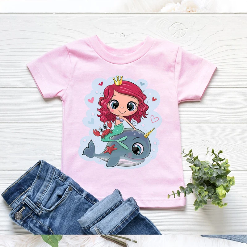 Kawaii Children'S Tshirts Funny Fish And Little Girl Cartoon Print Kids Pink Short-Sleeved Tops Fashion Harajuku Girls T-Shirts