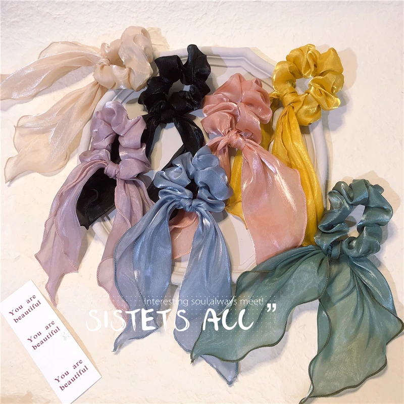 Fashion Tiara Satin Bow Tie Hair Scrunches Hair Bands Ribbon Ponytail Holder Hair Ring For Women Girl Tail Silk Hair Accessories