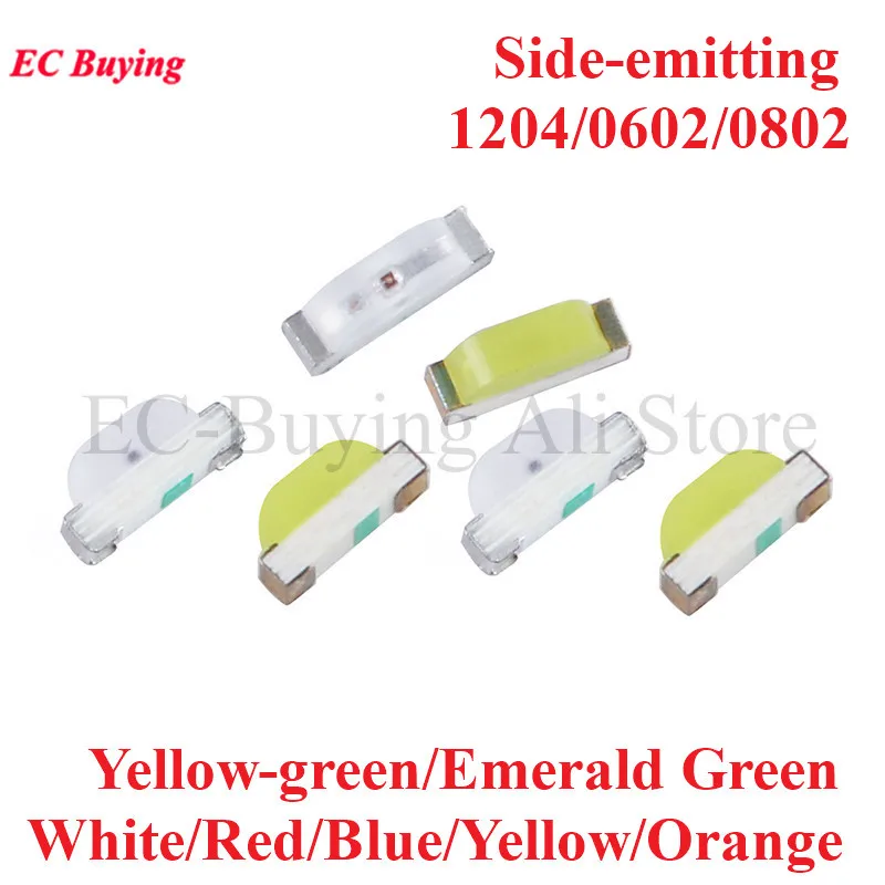 100 szt. 1204 0602 0802 SMD LED Dioda boczna Żółto-zielona Szmaragdowa Biała Czerwona Niebieska Żółta Pomarańczowa Emitująca Światło Boczne