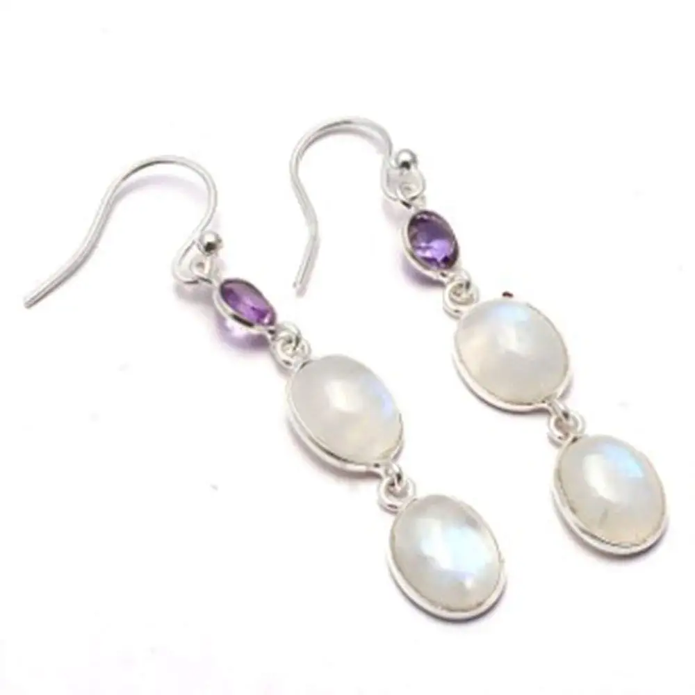 

Genuine Rainbow Moonstone + Amethyst EARRINGS 925 Sterling Silver, 47mm, 2SE0008