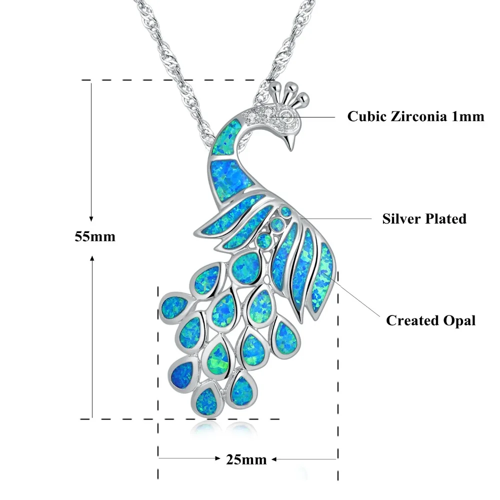 CiNily Created Blue Fire Opal Cubic Zirconia Silver Plated Wholesale Peacock for Women Jewelry  Pendant 2 1/8\