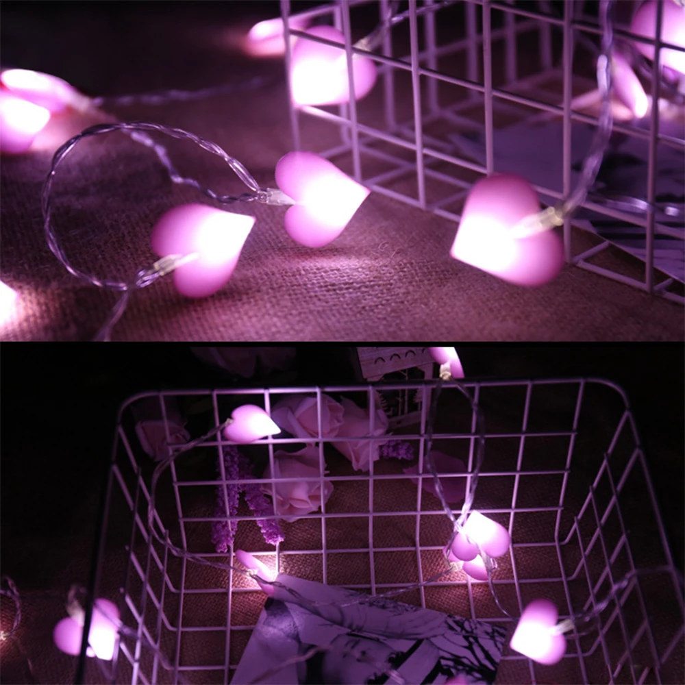 2pcs Love Heart LED String Light 10LED 20LED Battery Box Power Pink/Blue/Purple Cloth String Lights decorazioni per interni String