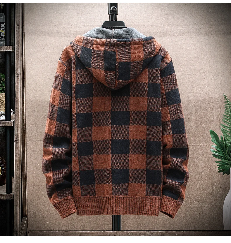 Männer Neue Winter Plaid Pullover Mit Kapuze Strickjacke Kalten Mantel Wolle Zipper Jacke Herbst Fleece Warme Kleidung Karierten Stricken Jumper – Detail 12