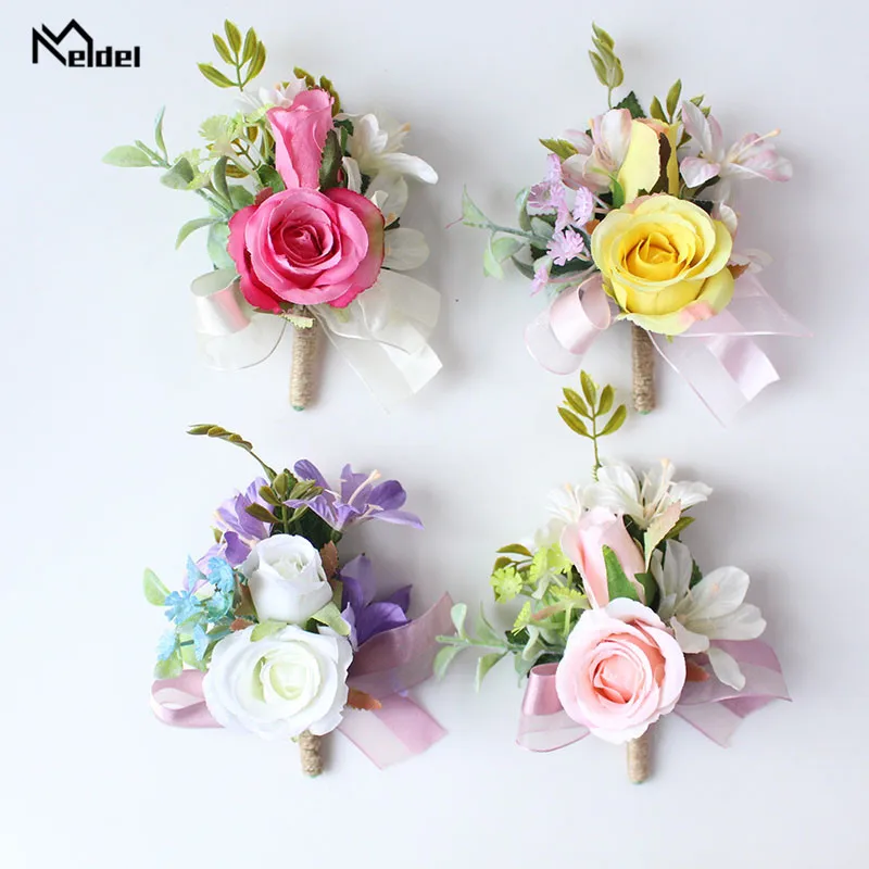 Meldel flores de seda corsage pulseira damas de honra flores artificiais casamento noivo boutonnieres casamento corsage broches