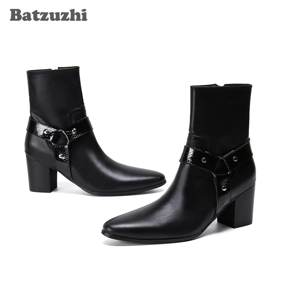 

Batzuzhi New Black Leather Ankle Boots Men 7.5cm High Heels Men Boots Pointed Toe Ankle Boots for Men Wedding & Party,Size 38-46