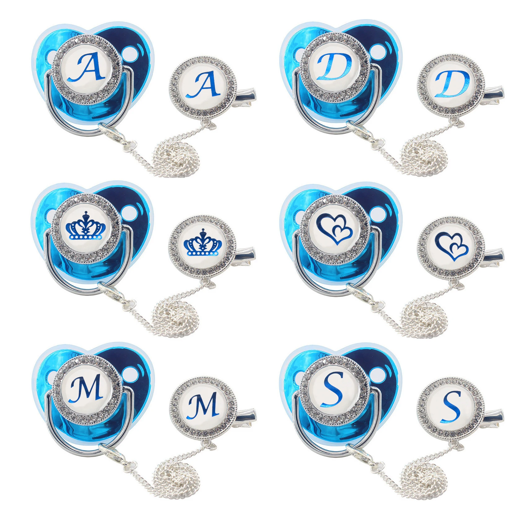 Blue Luxury Baby Pacifier Clips Lids Rhinestone Pacifier Holder Name Initial Letter Silicone Pacifier Teether Baby Shower Gifts