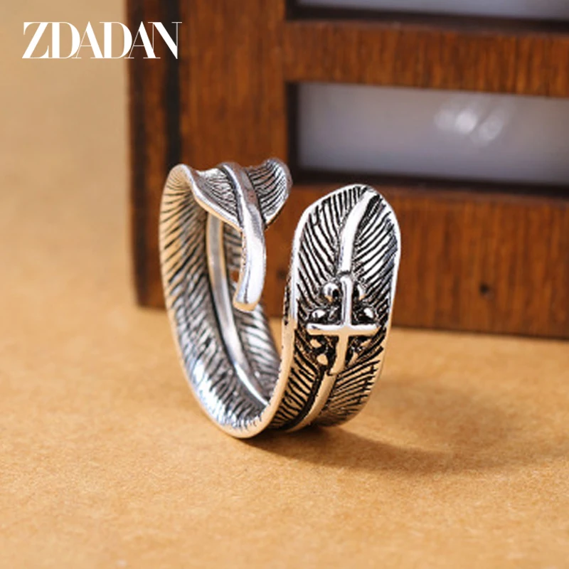 

ZDADAN 925 Sterling Silver Feather Open Adjustable For Lovers Women Men Wedding Jewelry