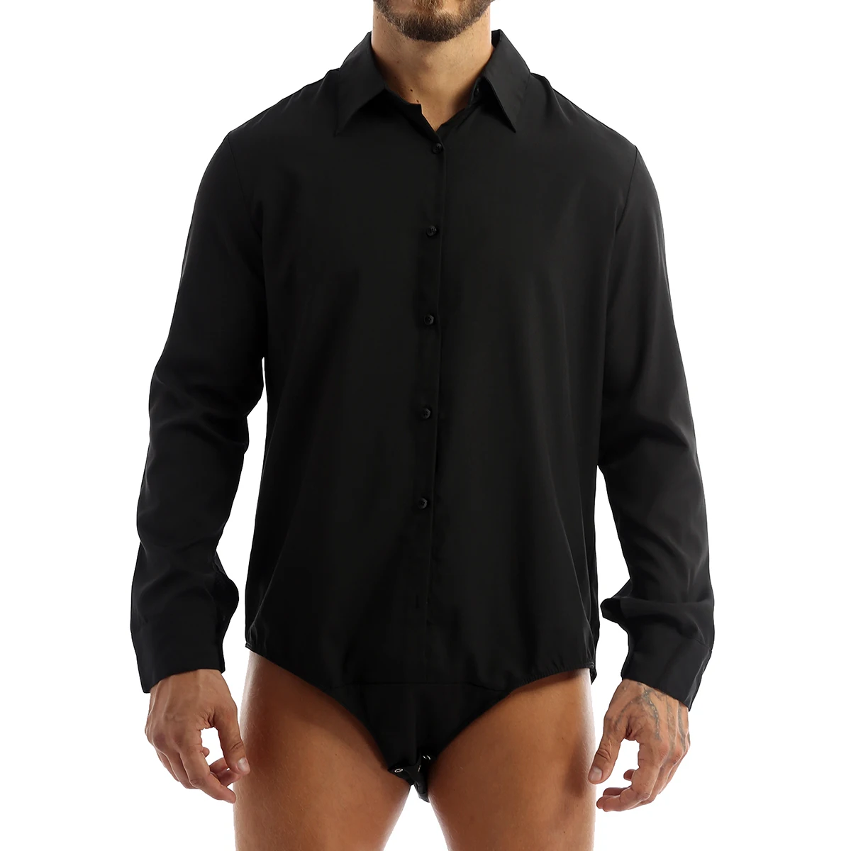 Mens Long Sleeve Casual Bodysuit Shirts Elegant One-piece Romper Bodysuit Stretch Leotard Body Tops Clothes Button Crotch Shirt