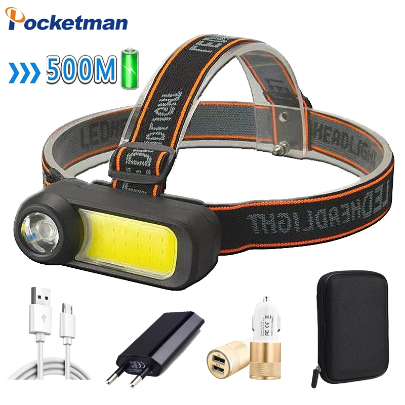 Powerful COB+LED Headlamp Portable 500M Long Range Headlight USB Rechargeable Head Lamp Head Torch with Battery