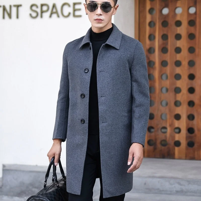 Office Men Work Single Breasted Woolen Blends Coat Business Man High Quality Wool Long Trench Coat Slim Fit Classic Outerwear