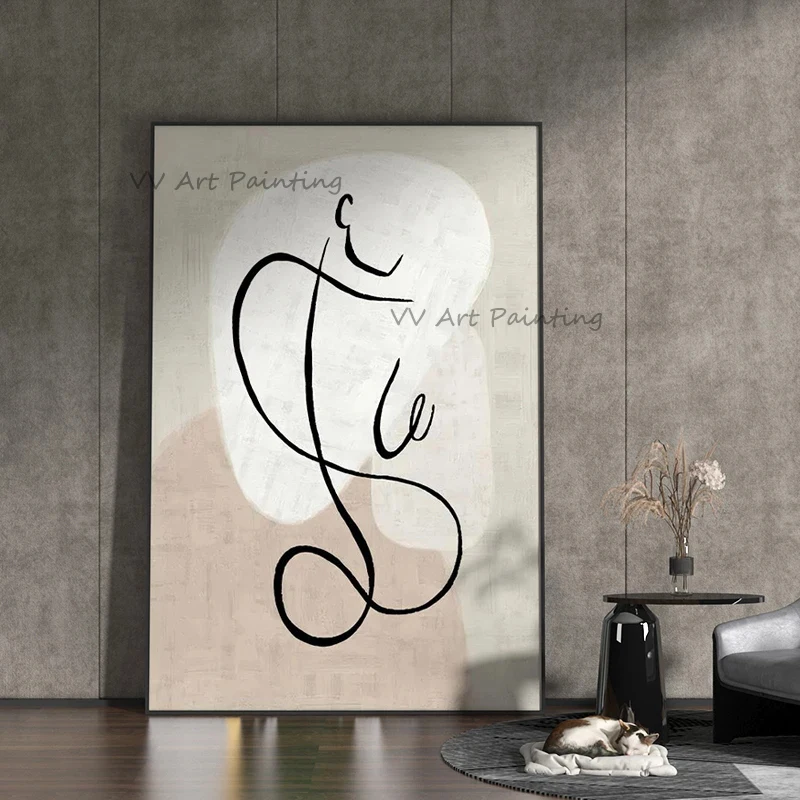 Hand Painted Single Line Figure Oil Painting, Neutral Minimal Abstract Canvas Handmade Wall Decor