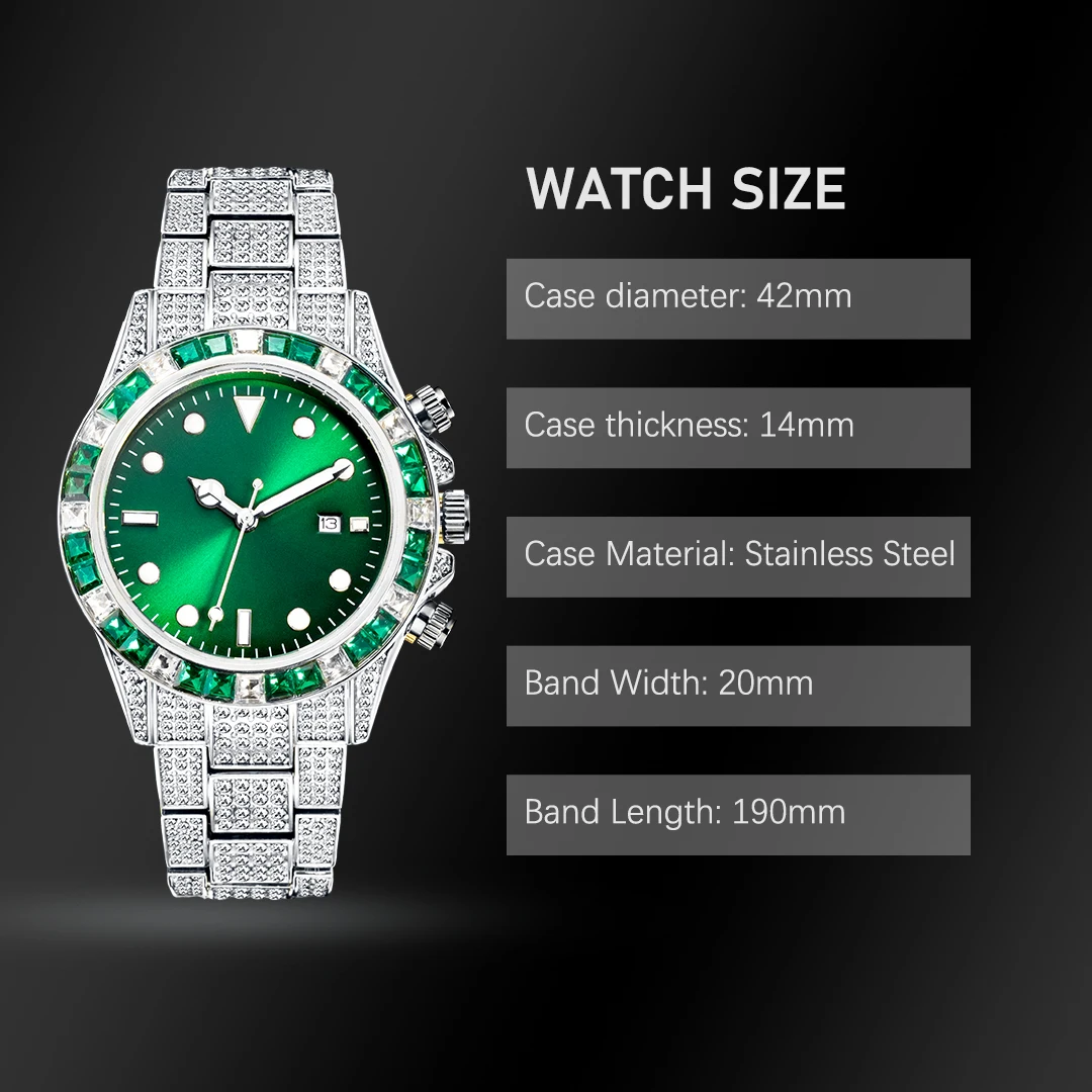 MISSFOX Watch For Men Classic AAA Iced Diamond Watches With Green Baguette Bezel Luminous Waterproof Clock Luxury Gifts For Men