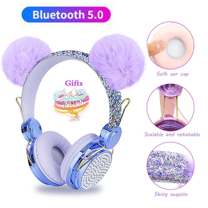 Cute Girl Kids Headphone with Mic,Blue-tooth 5.0 Stereo Music Earphone Computer Mobile Phone Headset Kid Gifts Fone