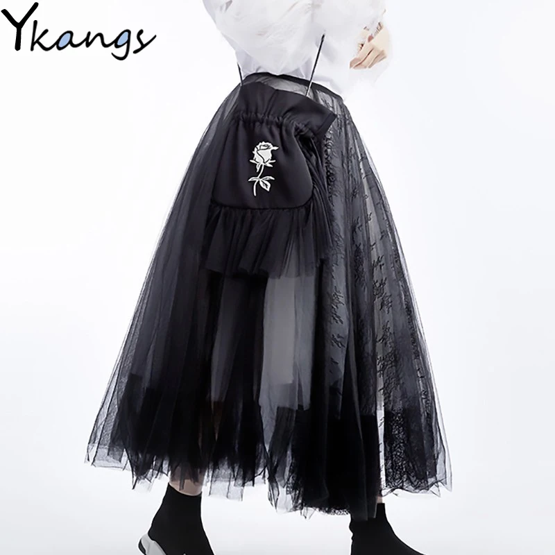 

High Waist Black 5 Layers Mesh Stitc Temperament Half-body Skirt Women Fashion Gothic Stylish Lace Patchwork 2020 Spring Summer