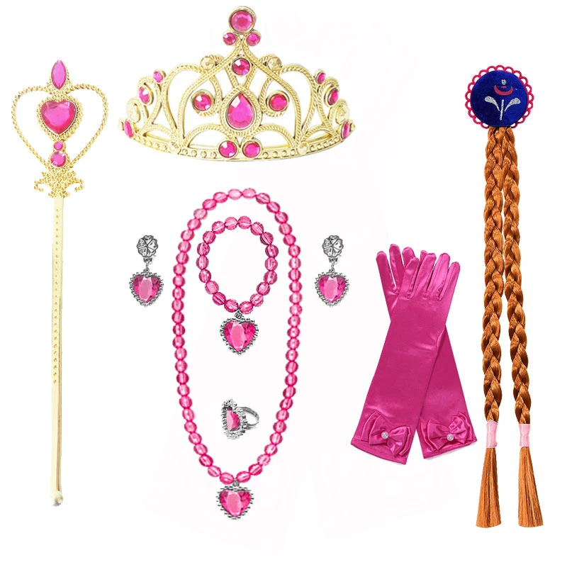 Girls Princess Accessories Set Elsa Anna Rapunzel Aurora Jasmine Crown Magic Wand Necklace Gloves Wig Halloween Party Headwear