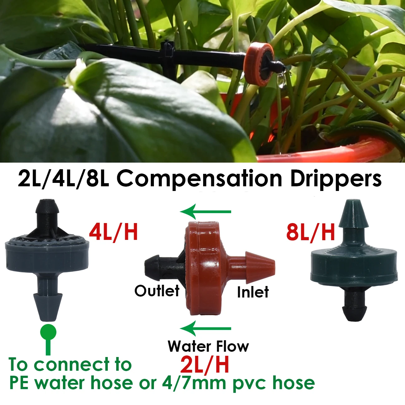 KESLA 50pcs Greenhouse Drip Irrigation 2L/H Green Bend Arrow Drippers Garden Watering System Kit 3/5mm Hose for Plant Pot Tools