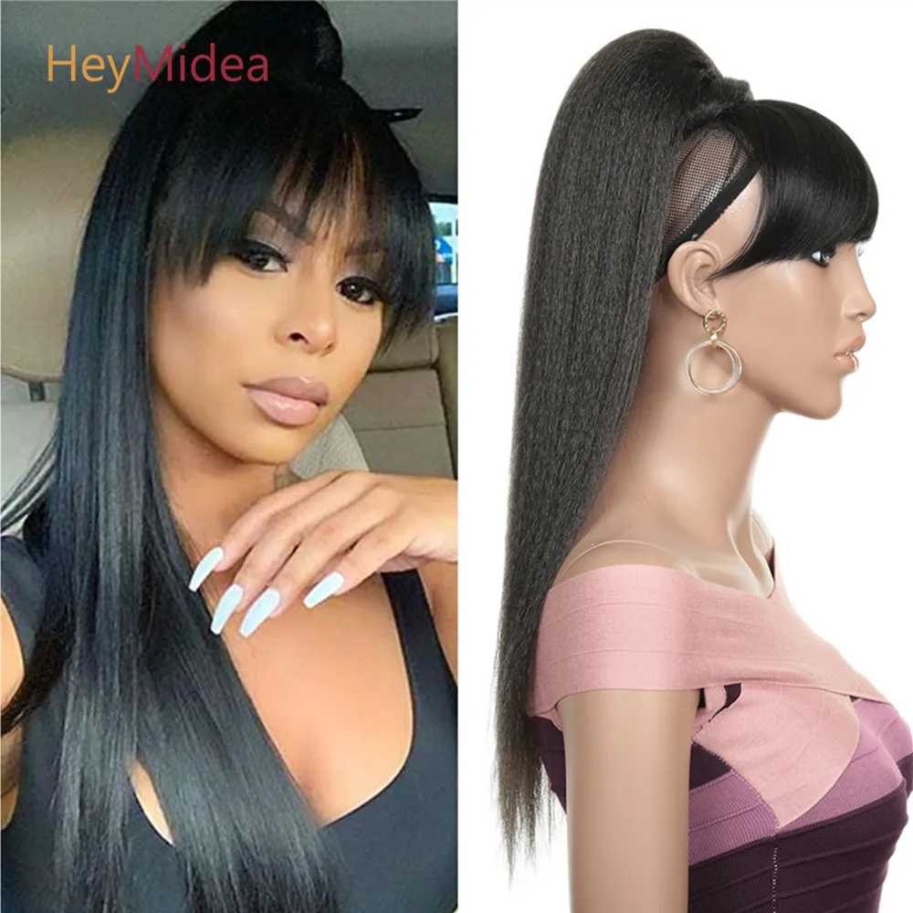 Synthetic Yaki Straight Ponytail With Bangs Clip In Hair Extension Afro Drawstring Ponytail African American HeyMidea