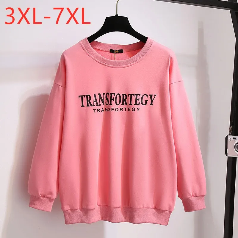 New Ladies Autumn Winter Plus Size Tops For Women Large Pullover Long Sleeve Loose Cotton Pink Print Sweatshirt 4XL 5XL 6XL 7XL