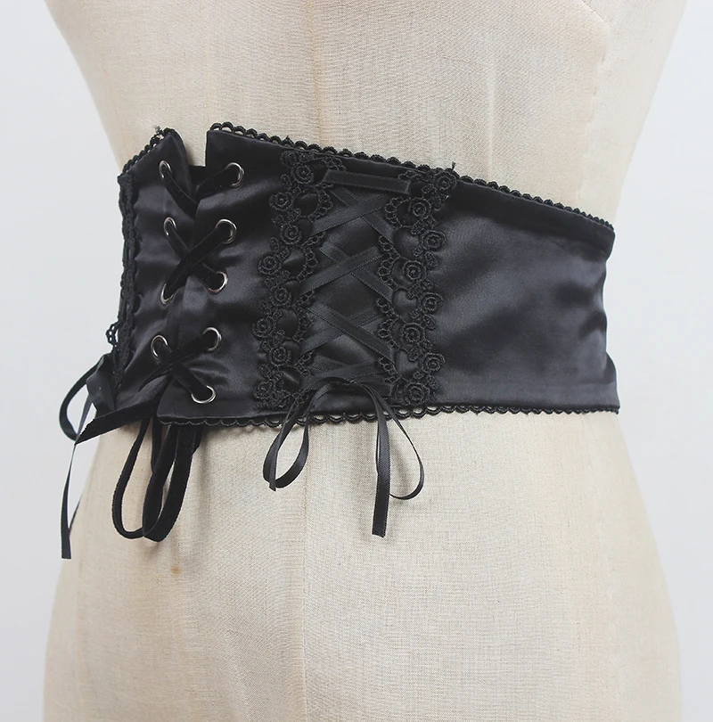 Women's Runway Fashion Black Satin Bandage Cummerbunds Female Dress Corsets Waistband Belts Decoration Wide Belt R2784